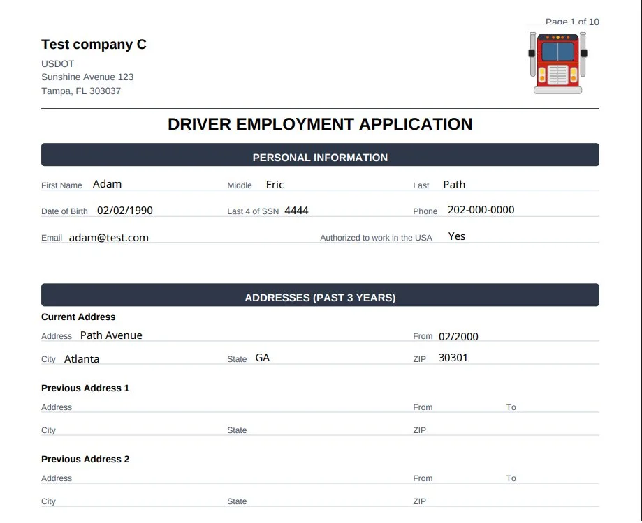 DOT-compliant driver employment application form with personal information, address history, and digital submission