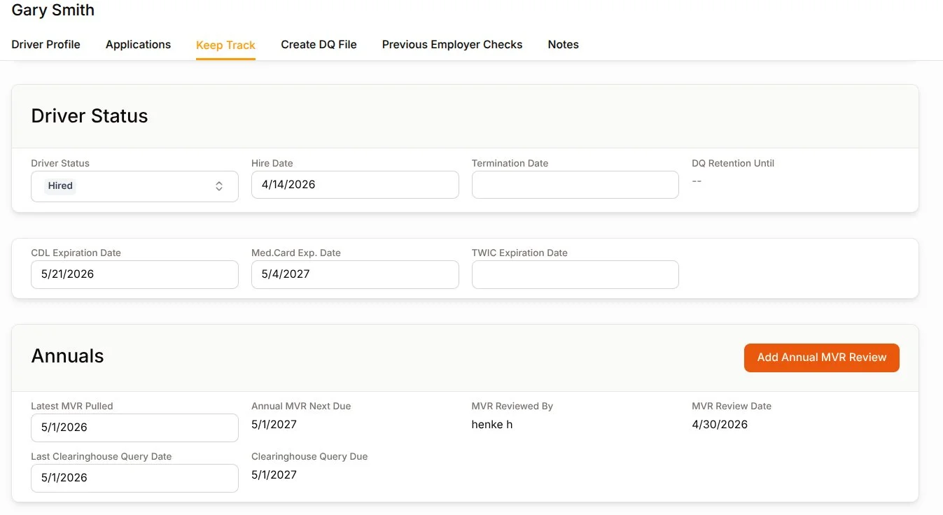 Driver profile overview showing critical alerts, upcoming annuals, renewal alerts for expiring CDL, and DQ file completion status