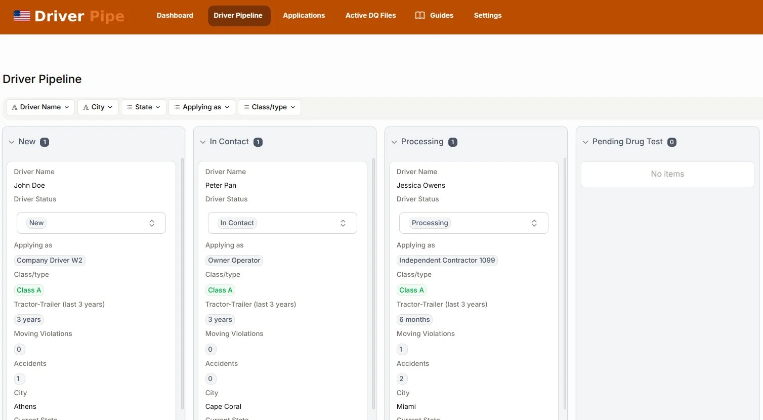 Driver Pipe driver pipeline board preview — new, in contact, and processing driver applications