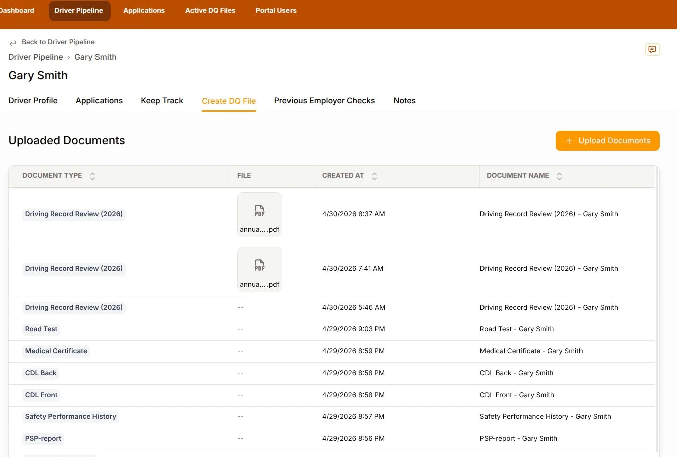 Driver Pipe DQ file management showing uploaded documents including CDL, medical certificate, driving record review, and road test for a driver