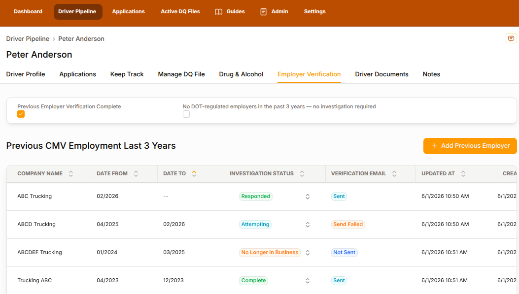 Driver Pipe previous employer verification screen showing previous CMV employment for the last 3 years, investigation status, and verification email status for each former employer