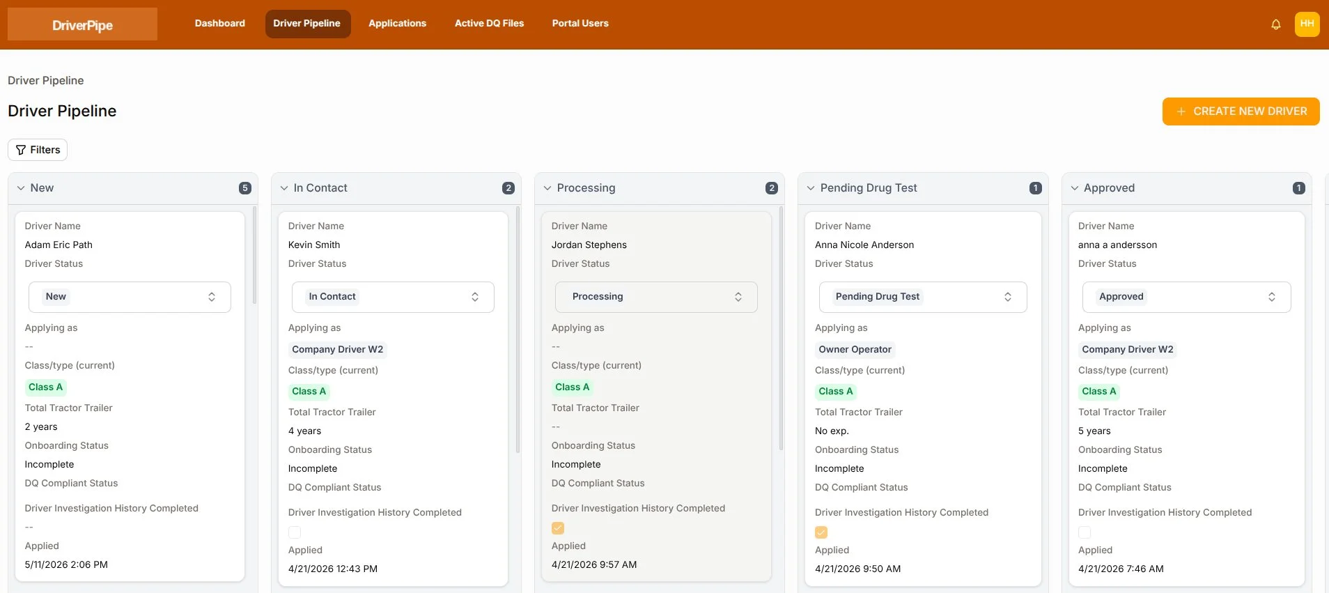 Driver Pipe recruiting pipeline showing driver applicants organized by hiring stage with drag-and-drop columns
