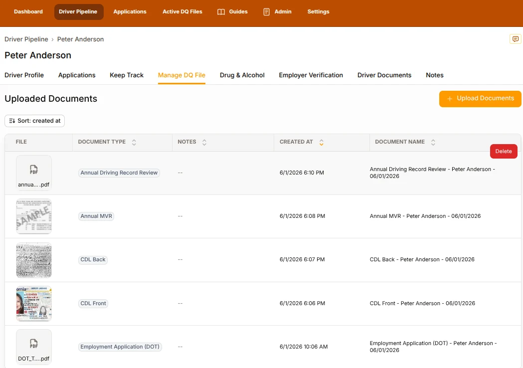 Driver Pipe Manage DQ File screen showing uploaded driver qualification documents including annual driving record review, annual MVR, CDL front and back, and DOT employment application