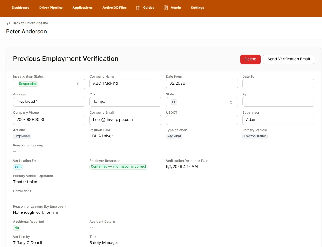 Driver Pipe previous employment verification record showing a confirmed employer response, employment dates, accidents reported, and verifier details for a CDL driver